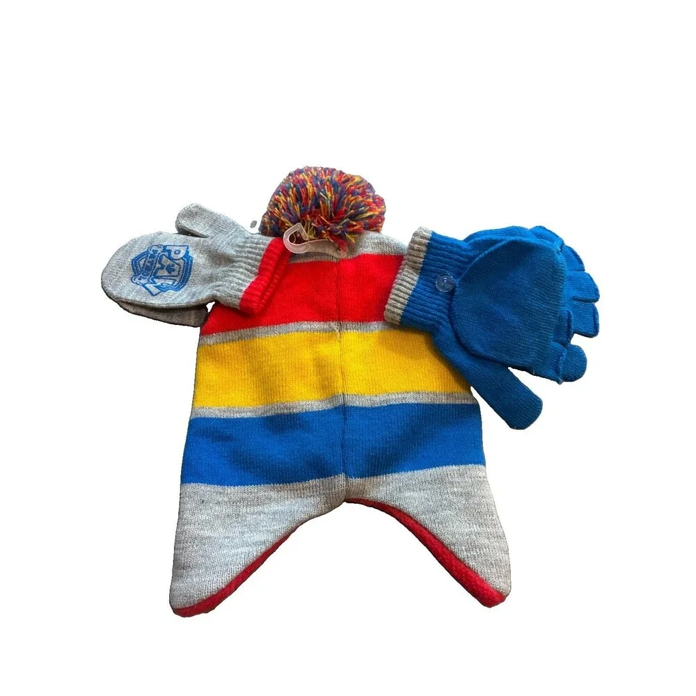 Paw Patrol Red Yellow Blue & Grey Winter Beanie Hat with Gloves / Mittens NWT